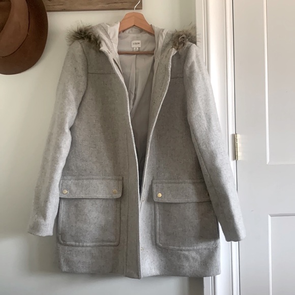 J.Crew light gray wool coat with faux fur hood